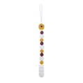 Silicone baby pacifier clip with ginger, purple and white beads on white background - Turmeric