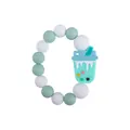 Mint green and white silicone teething bracelet with boba tea cup charm for babies - Green Milk Tea