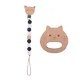 Beukenhouten kat bijtring met zwart-wit siliconen kralen fopspeenketting set - Kattenbox Set