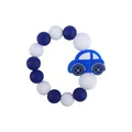 Deep blue and white silicone baby teething bracelet with a cartoon car charm accessory - Car