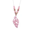 Pink silicone feather teething necklace with natural wood beads for infants - Pink
