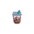 Perle en silicone motif bubble tea marron avec couvercle bleu et détails cœurs - Tasse de Thé au Lait / Café