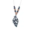 Deep grey-blue feather silicone teething necklace with natural wooden and soft round beads - Gray