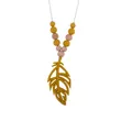 Baby teething necklace with yellow silicone feather pendant and wooden beads strands - Turmeric