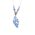 Light blue silicone feather teething necklace with natural wooden beads for baby soothing - Blue