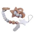 Baby Beißring-Set mit grauen Silikonperlen, Holzstern und Feder-Schnullerkette - Pentagramm