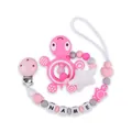 Pink silicone baby pacifier clip chain with turtle teether and customizable name beads - Pink