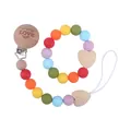 Rainbow silicone baby pacifier clip and wooden heart teether set with LOVE engraving - Red Zirconia Set