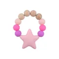Pink star baby teether ring with colorful silicone beads and natural beech wood beads - Pink