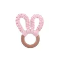 Pink crochet bunny ears wooden teething ring for babies, handmade sensory teether toy - Pink Teether