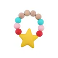 Star-shaped silicone baby teether with natural beech wood beads and colorful sensory rings - Yellow