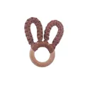 DIY beech wood baby teether ring with dark brown hand-woven cotton bunny ears - Coffee Teether