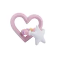Pink heart-shaped silicone baby teether with pastel purple and yellow molar beads - Pink