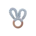 DIY baby teething ring toy with natural beech wood and light blue knitted bunny ears - Blue Teether