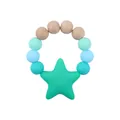 Baby teething ring with beech wood beads and a large teal silicone star pendant - Christmas Green