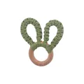 Handmade beech wood baby teether ring with green crochet bunny ears for soothing teething - Avocado Green Teether