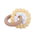 Baby teething ring toy with natural beech wood and yellow silicone beads for gum relief - Light Yellow