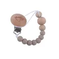 Handmade beechwood and silicone bead pacifier clip with baby face and brown beads - Khaki