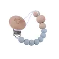 Beech wood pacifier clip with baby smiley carving and light blue silicone beads - Grey Blue