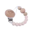 Pink silicone and beech wood baby pacifier clip with smiley face and baby engraving - Milk White