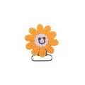 Handgefertigter gehäkelter Sonnenblumen-Schnullerklipp mit gelben Blüten und Lächeln - Orange