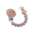 Beech wood baby pacifier clip with smiley face and pink silicone beads on white backdrop - Dusty Rose