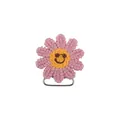 Pink crocheted sunflower pacifier clip with a smiling yellow face and metal buckle - Dusty Pink