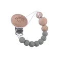 Beechwood pacifier clip with grey silicone beads and engraved baby smiley face - Sage Green
