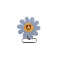 Handmade crochet sunflower pacifier clip with light blue petals and a yellow smiley face - Grey Blue