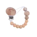 Beech wood pacifier clip with baby face carving and peach silicone beads - Deep Skin