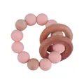 Pink silicone and natural wood baby teething bracelet with rattle rings for infants - Light Pink