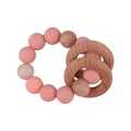 Pink silicone and natural wood bead teething bracelet for babies with interlocking rings - Deep Peach Red
