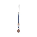 Blue and grey silicone bead pacifier clip with beech wood accents and a secure round metal grip - Dark Blue