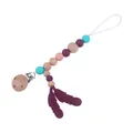 Baby pacifier clip with beech wood beads, purple silicone beads and feather charms - Burgundy