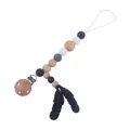 Baby pacifier clip with grey silicone beads and black feather charms on white background - Black