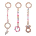 Set de mordedores de silicona rosa y madera de haya con cascabeles y colgantes de madera - Rosa