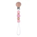 Pink silicone and beech wood pacifier clip with crochet beads and secure metal fastener - Pink