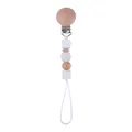 Pacifier clip with beech wood, white silicone octagonal beads and crochet knit bead - White
