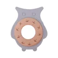 Light gray silicone owl baby teether with natural beech wood ring and bird footprint motifs - Grey Owl