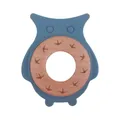 Baby owl teether made of morandi blue silicone and beech wood ring with bird patterns - Dark Blue Owl