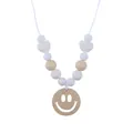 Baby sensory chewing necklace with white silicone beads and smiling wooden pendant - White