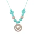 Mint green silicone beads and wooden heart necklace with a hollow smiley face pendant - Mint Green