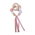 Pink silicone and wood bead baby teether ring with colorful ribbons for sensory play - Pink