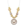 Baby teething necklace featuring yellow silicone beads and wooden smiley face pendant - Deep Skin