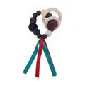 Silicone bead baby teether ring with wooden circles and contrast colorful ribbons - Black