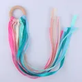 Beech wood baby rattle ring with colorful satin ribbons for sensory teething toy - Pink & Green