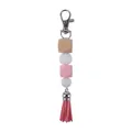 Llavero de cuentas de silicona rosa y blanca con borla de cuero y cuenta de madera - Rosa