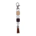DIY tassel keychain with brown silicone beads, natural wood block, and silver lobster clasp - Coffee