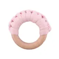 Handmade pink cotton knitted beech wood teething ring toy for infant sensory play - Pink