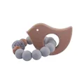 Beißring aus Buchenholz in Vogelform mit grauen Silikonperlen und Häkelperlen - Vogelform Beißring